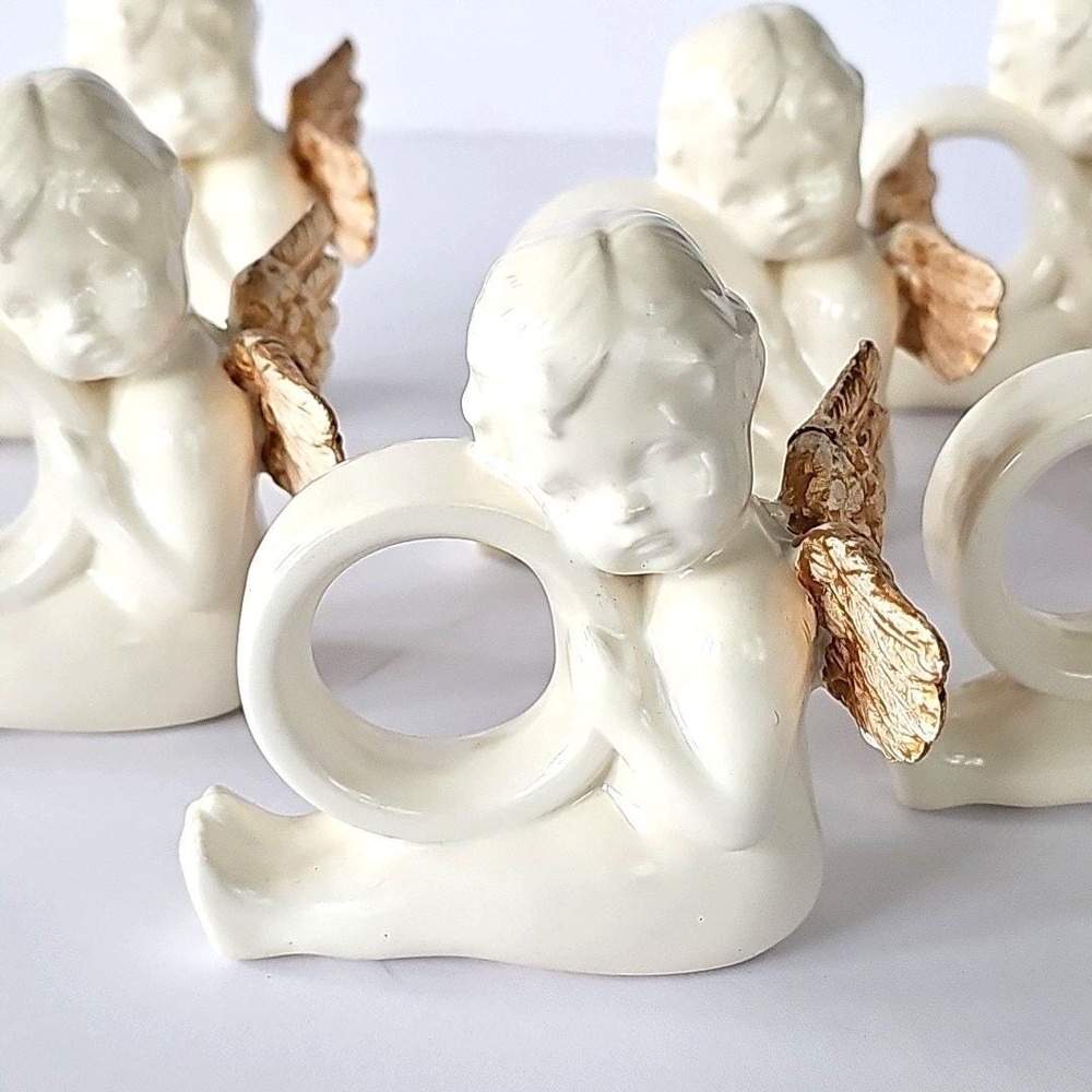 Shabby Chic Ceramic Cherub Napkin Rings Set 6 Cream Gold Wing Angelic Tablescape